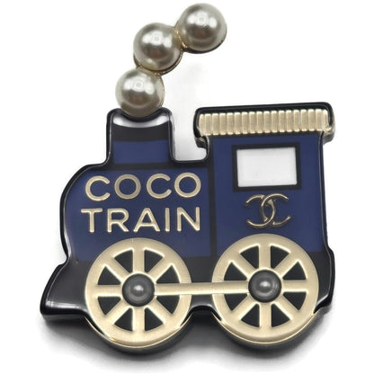 Coco Chanel Train Brooch 20C AB3237 Blue Black Gold Pearl CC Logo Rare