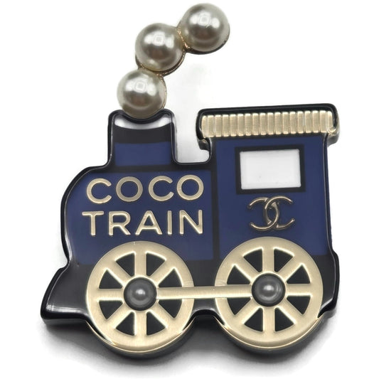 Coco Chanel Train Brooch 20C AB3237 Blue Black Gold Pearl CC Logo Rare