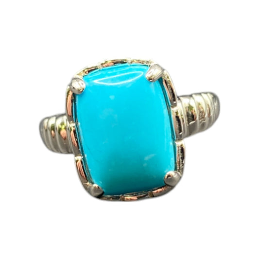 925 Sterling Silver Cocktail Ring Turquoise Gemstone Rectangle Prong Set Size 10