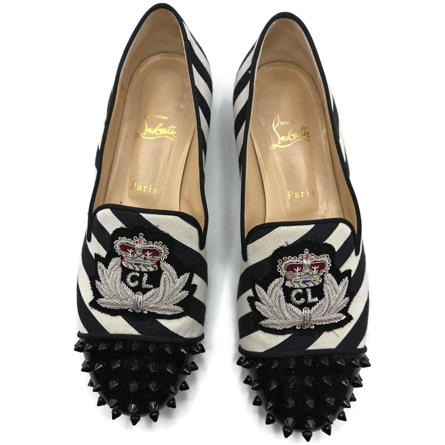 Christian Louboutin Intern Flat Patent Studded Loafers Black White Stripe Sz 40