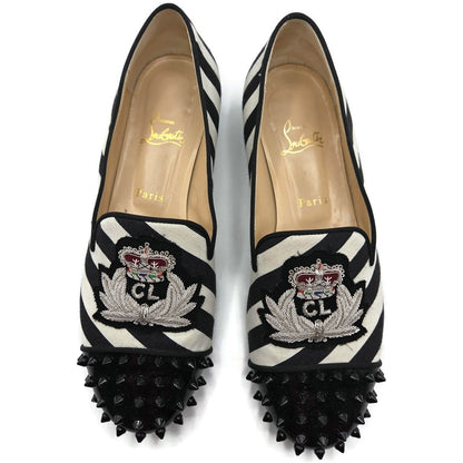 Christian Louboutin Intern Flat Patent Studded Loafers Black White Stripe Sz 40