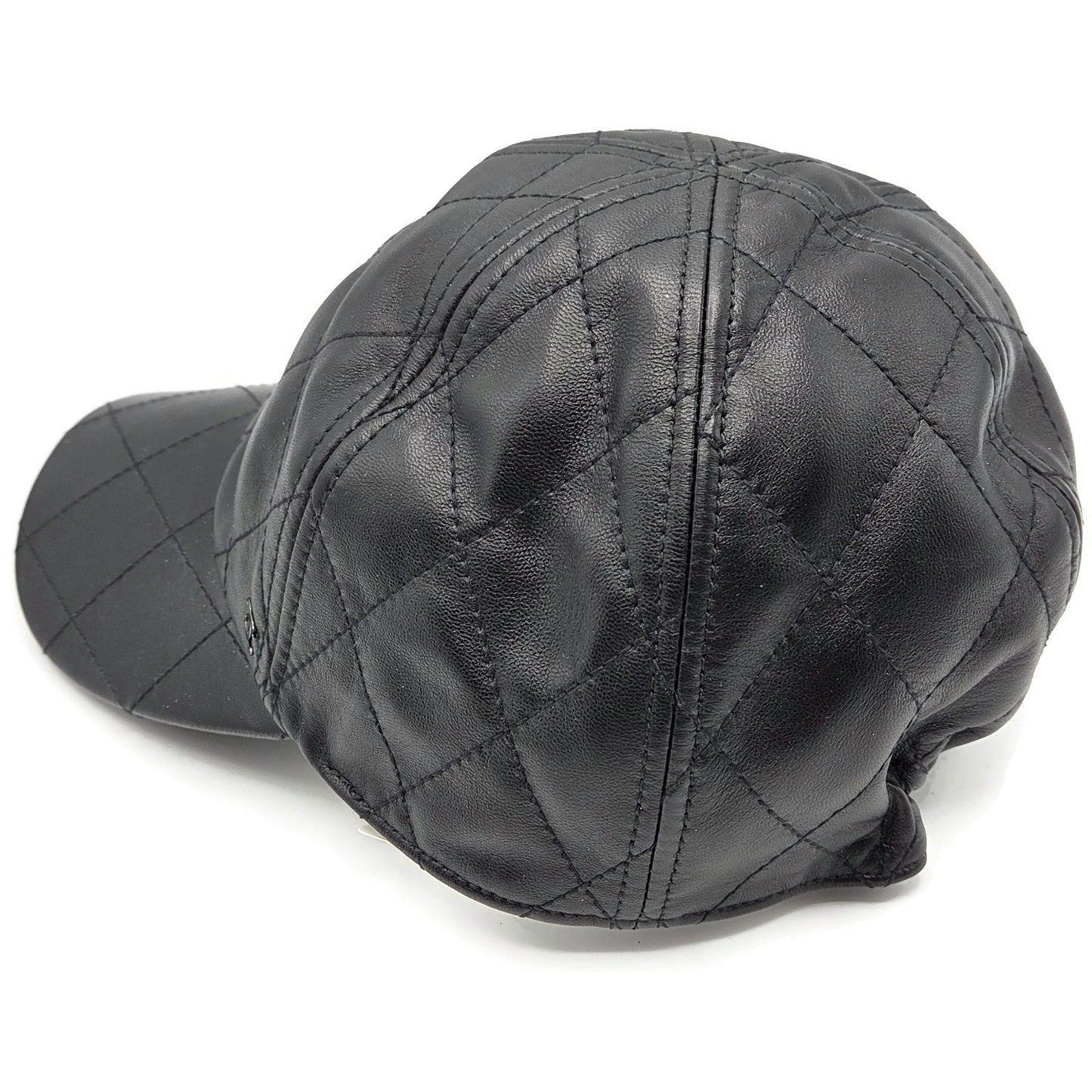 Chanel CC Logo Quilted Lambskin Leather Baseball Cap Hat Black Medium 15B Rare