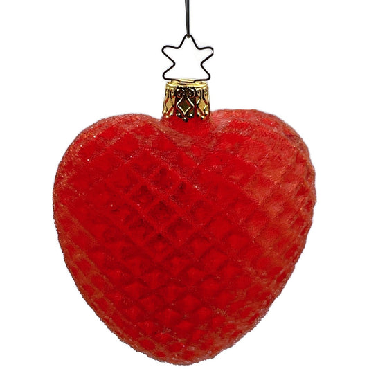 Inge Glass Ornament Red Glittered Waffle Heart Valentines Christmas Tree Decor