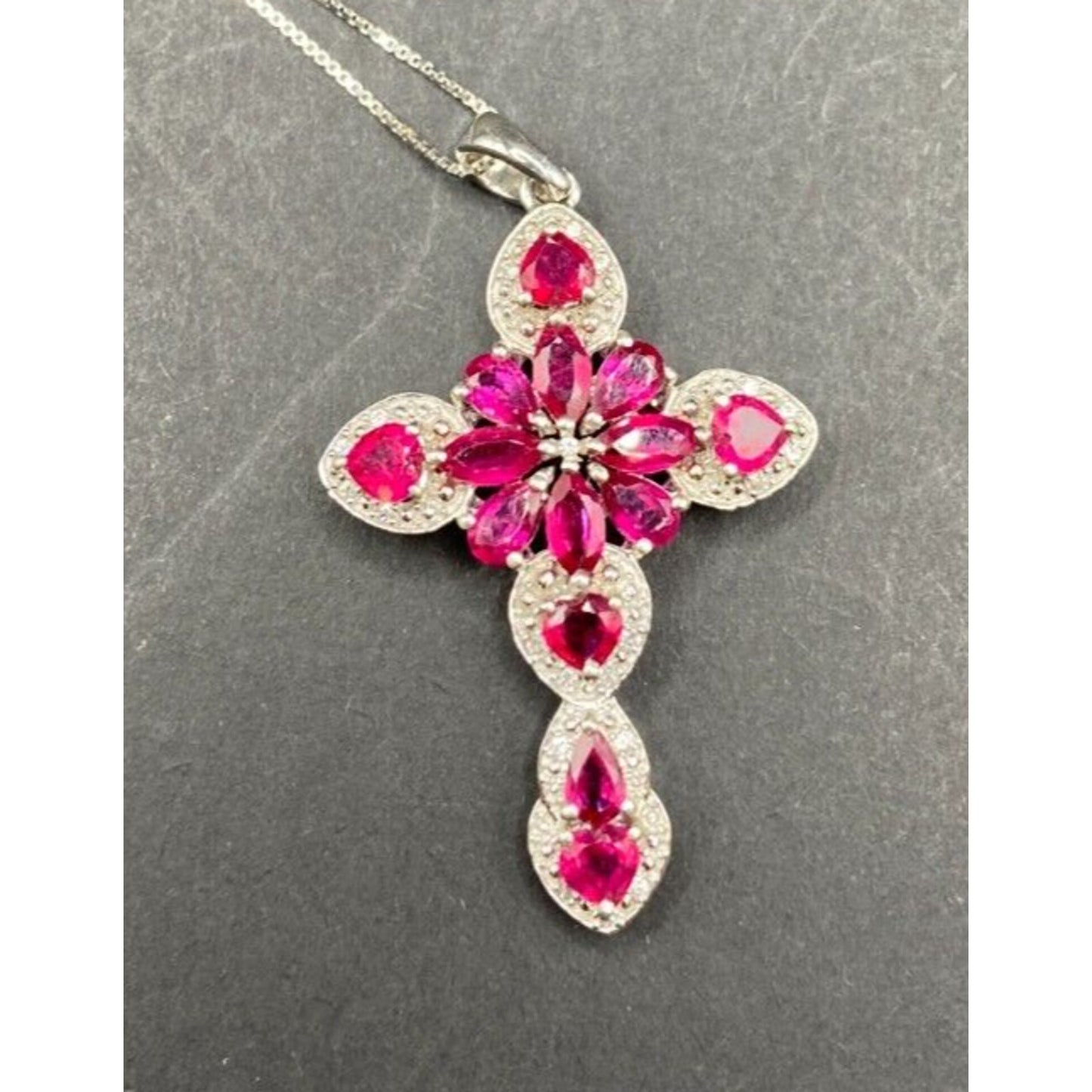 Red Mahaleo Ruby Rhodium Cross Pendant 925 Sterling Box Chain Necklace