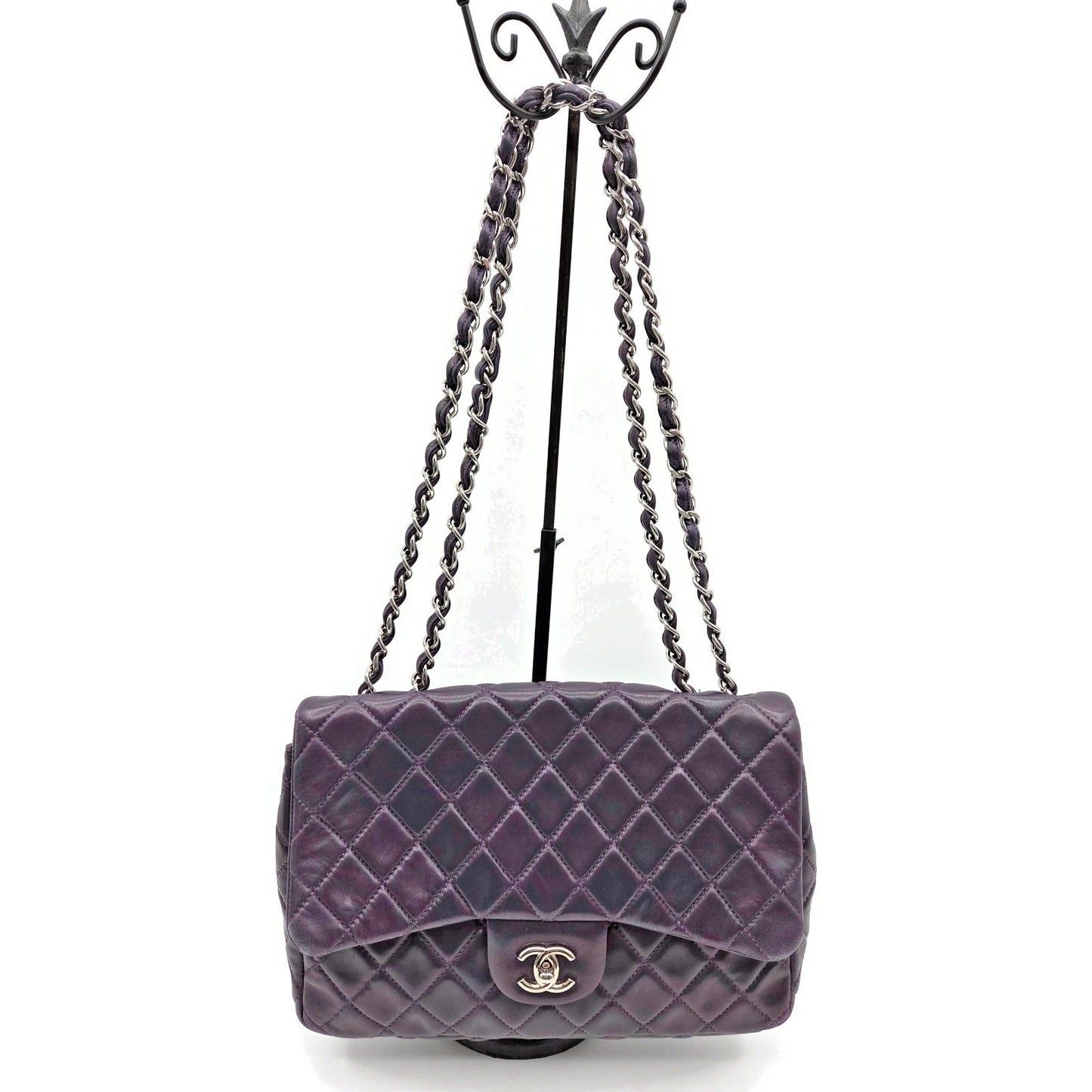 Chanel Classic Single Flap Medium Purple Lambskin Silver Chain Quilted Handbag