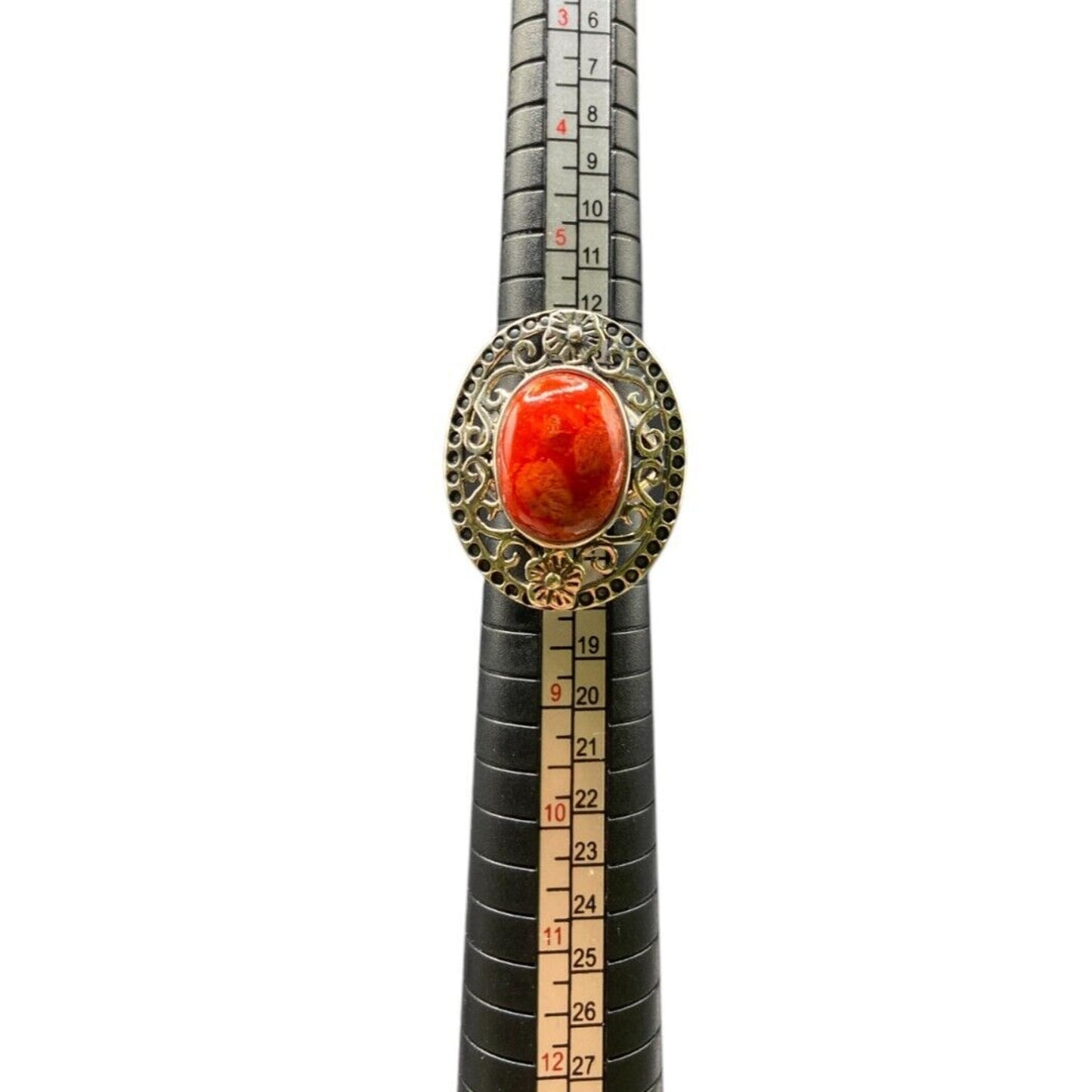 925 Sterling Silver Ring Sponge Coral Filigree Orange Oval Gemstone Size 7