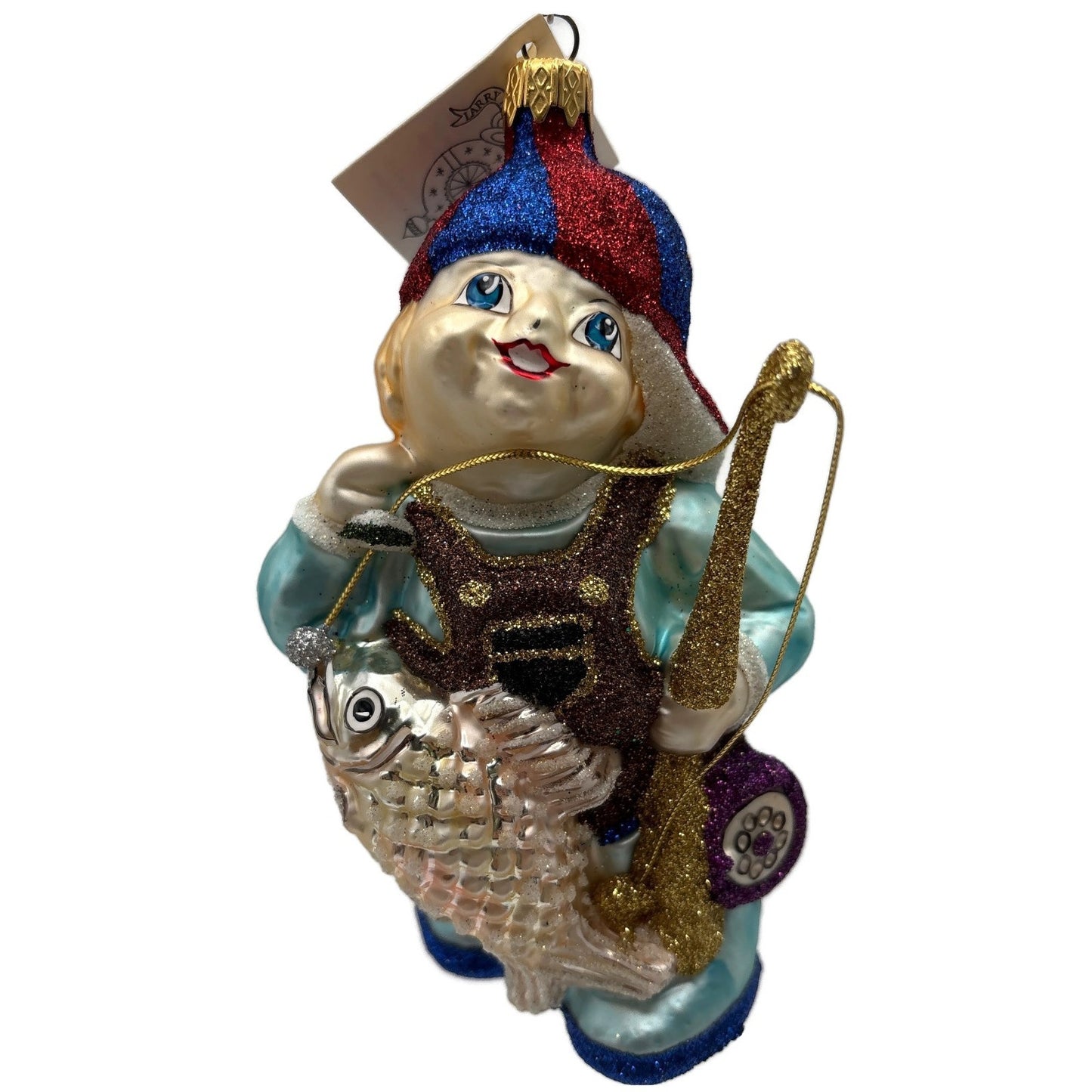 Larry Fraga Got One Boy Fishing Blue Red Cap Glitter Christmas Tree Ornament