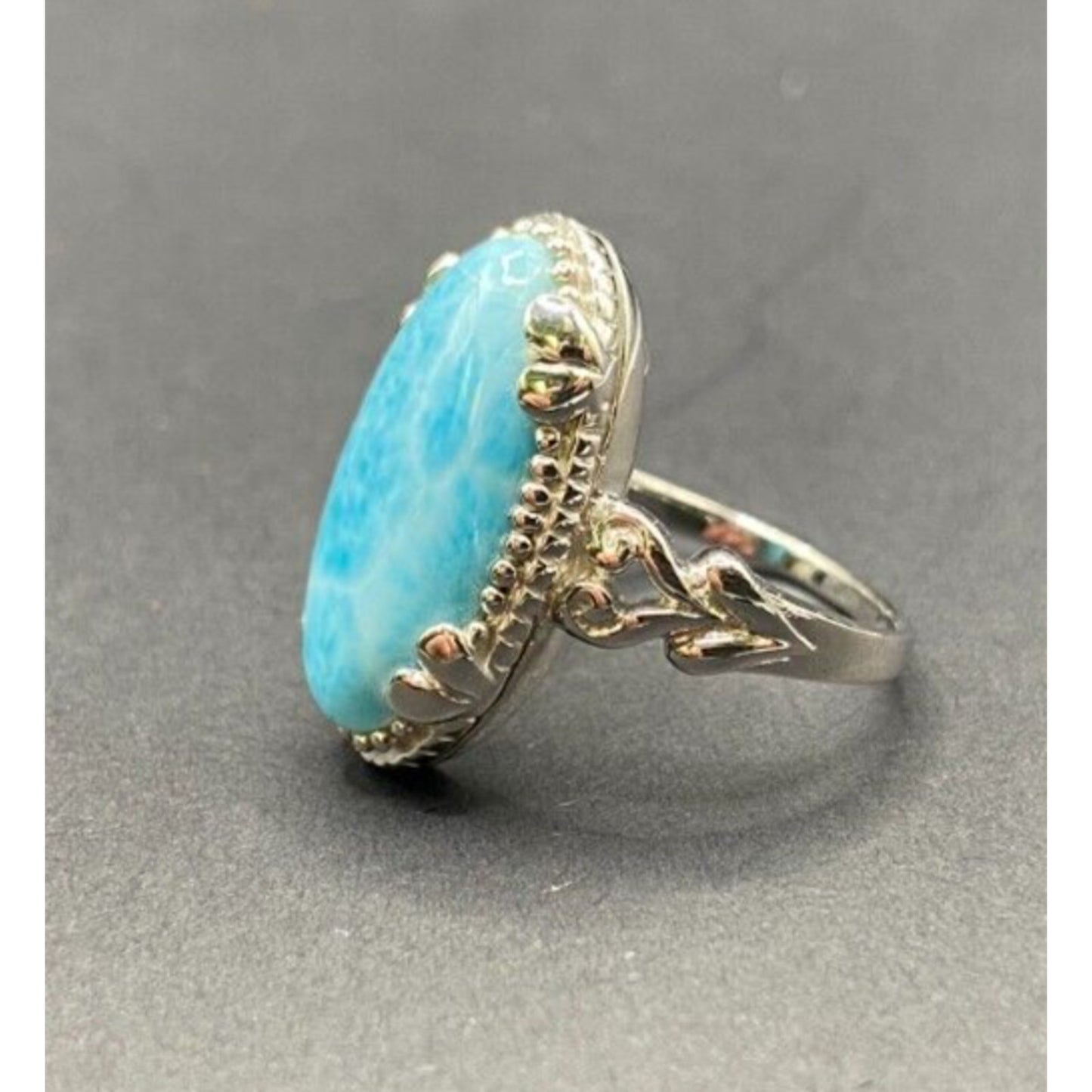 Larimar Gemstone Ring Oval Gemstone 925 Stering Silver JS Thailand Size 8