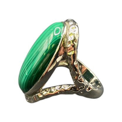 Malachite Ring Green Gemstone Oval Cabochon Hammered Stainless Steel GSJ Size 8