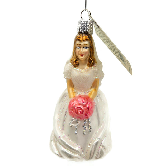 Old World Christmas Bride Brunette White Dress Pink Bouquet Christmas Ornament