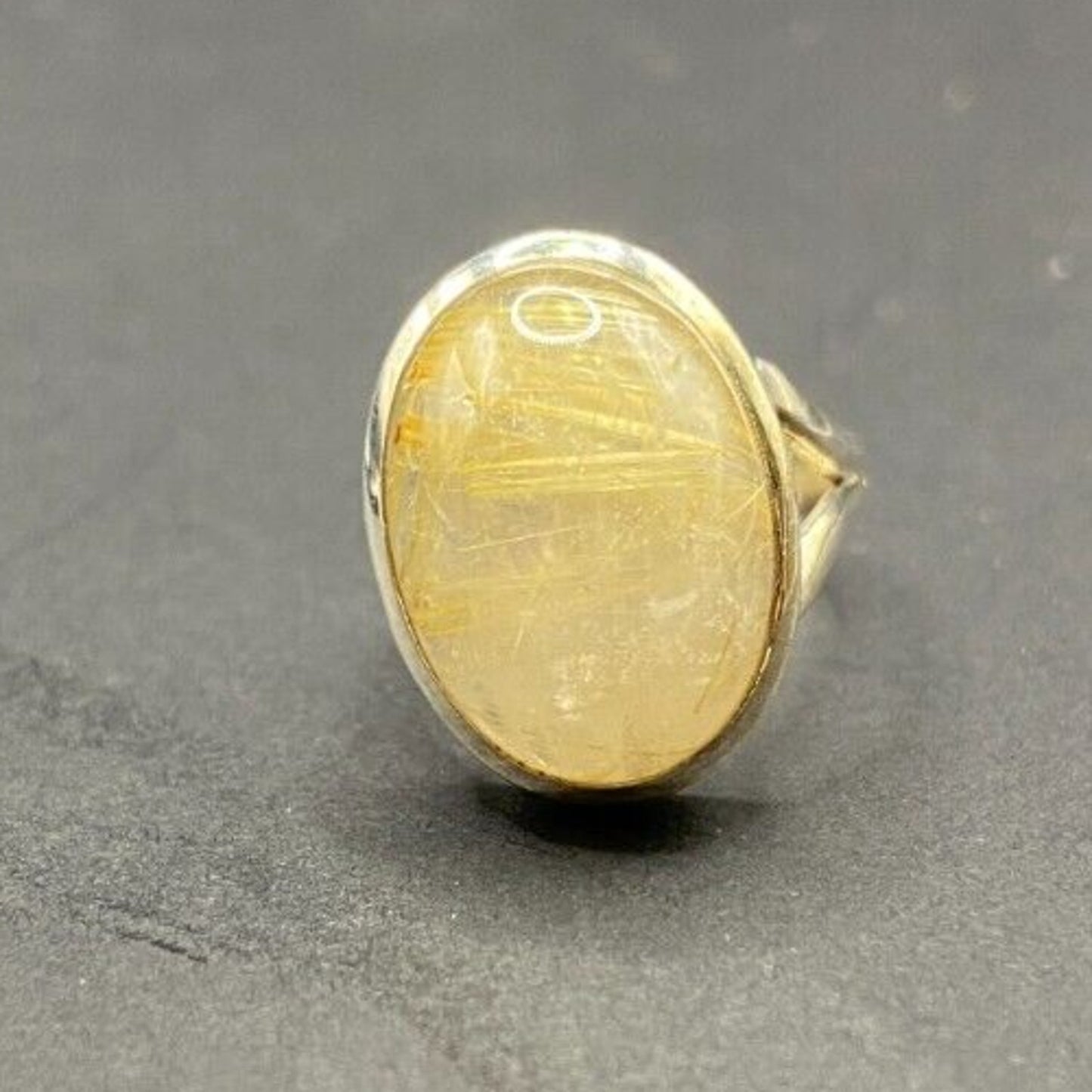 Golden Rutilated Quartz Crystal Ring Oval Cabochon 925 Sterling Silver Size 4