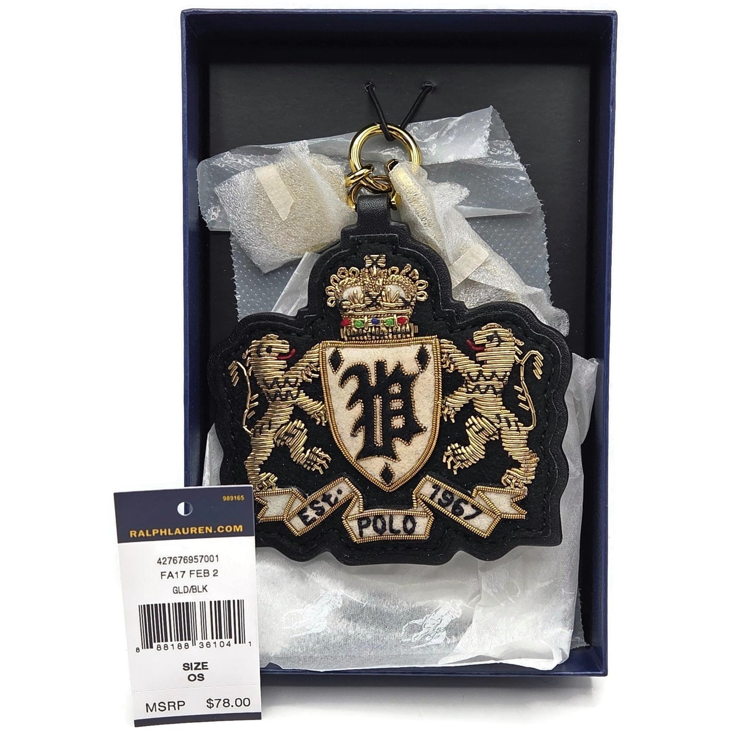 Polo Ralph Lauren Gold Black Leather Tag Double Lion Charm Keychain One Size NWT