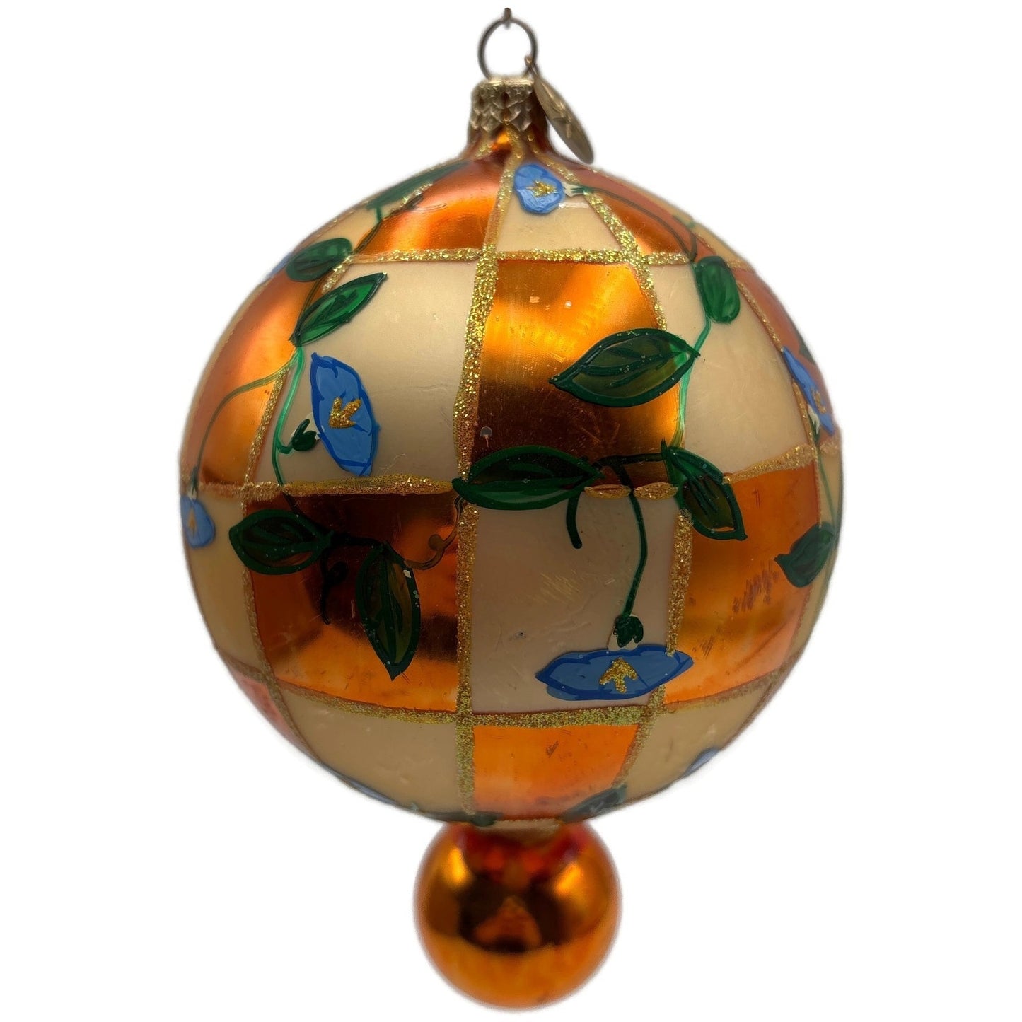 Christopher Radko Heavenly Blue Morning Glory Orange Glass Christmas Ornament