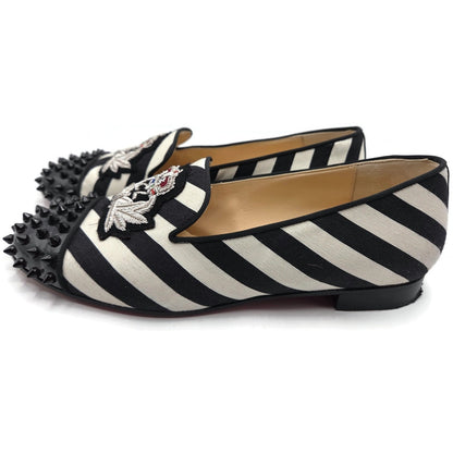 Christian Louboutin Intern Flat Patent Studded Loafers Black White Stripe Sz 40