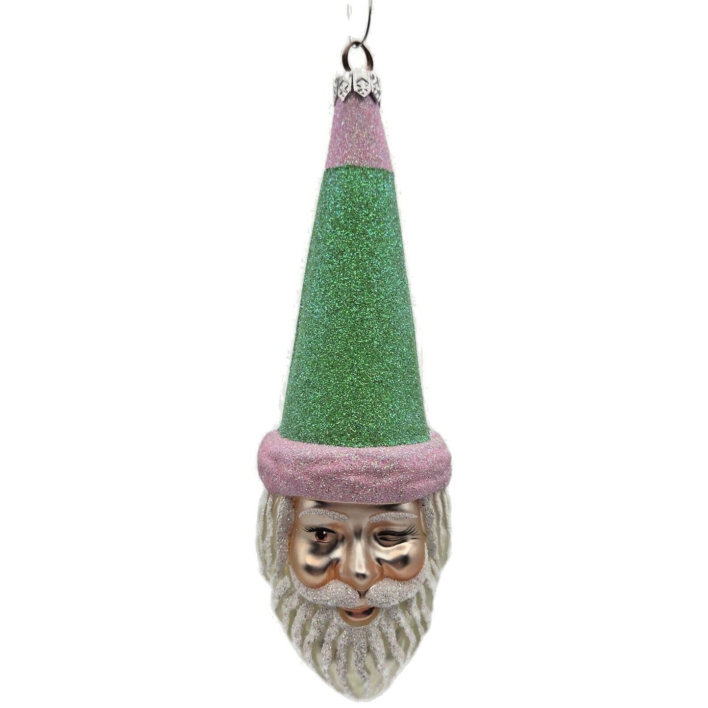 Patricia Breen Wink of His Eye Pink Green Santa Claus Head Christmas Ornament