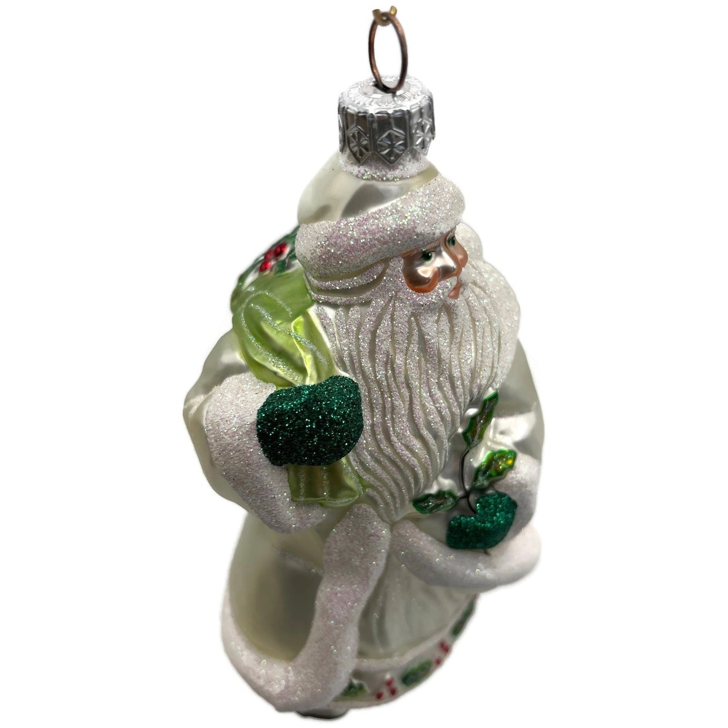 Patricia Breen Santa For Anthony Pearl White Green Holly Christmas Tree Ornament