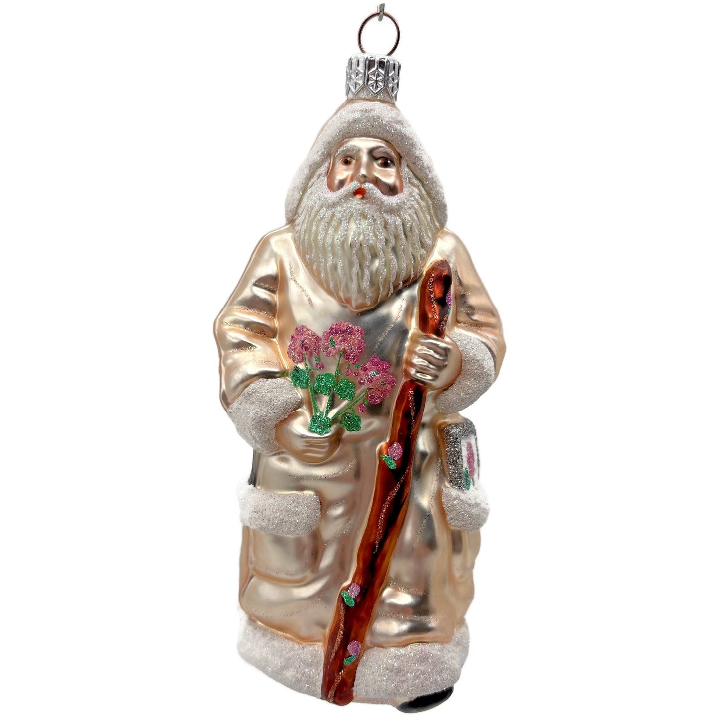 Patricia Breen Santa for Kevin Summer Pink Flowers On Staff Christmas Ornament