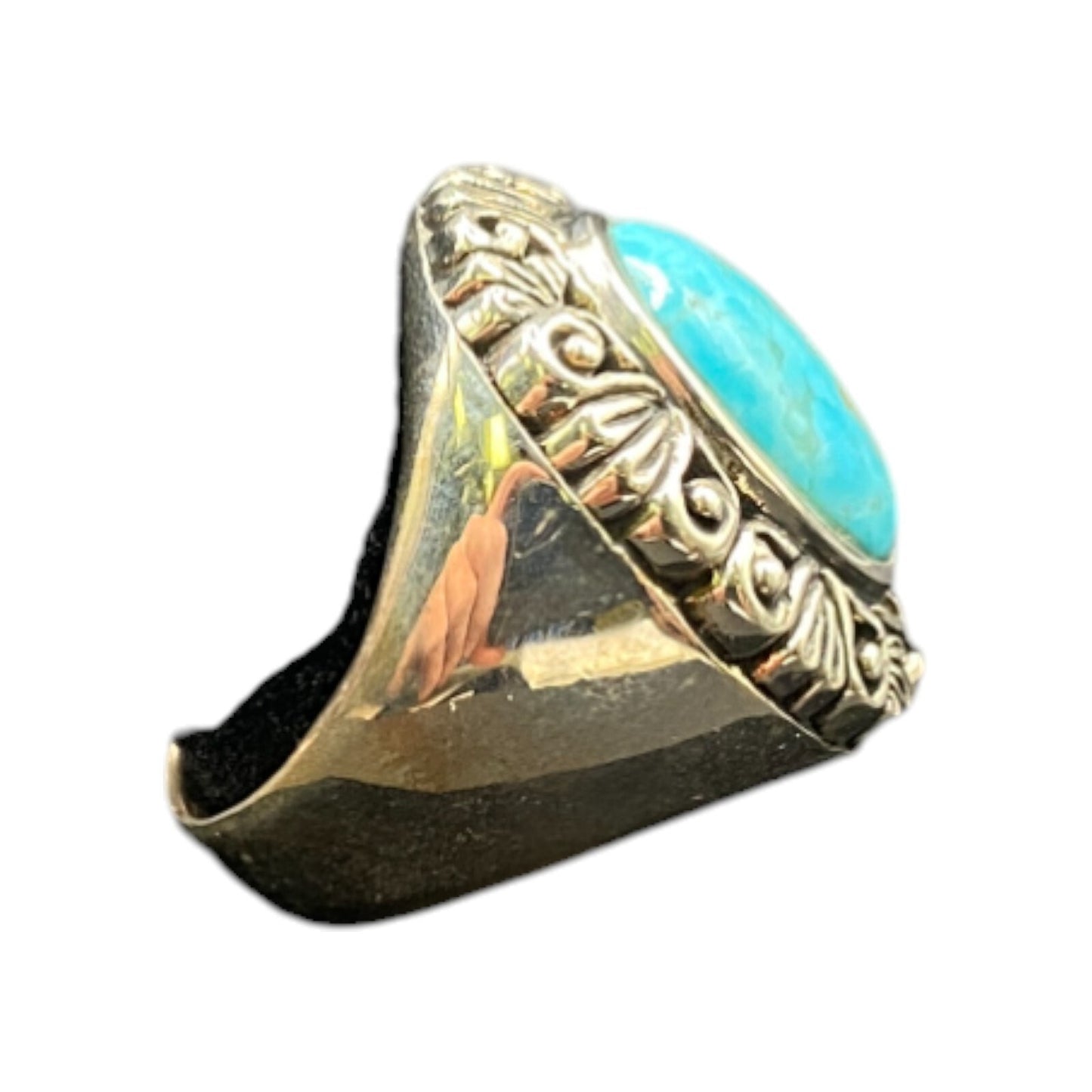 Ring Filigree Turquoise Gemstone Oval Cabochon NK 925 Sterling Silver Size 7.75