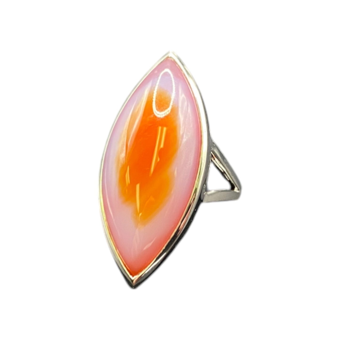 925 Sterling Silver Ring Agate Pink Orange Semi Precious Stone Marquise Size 9
