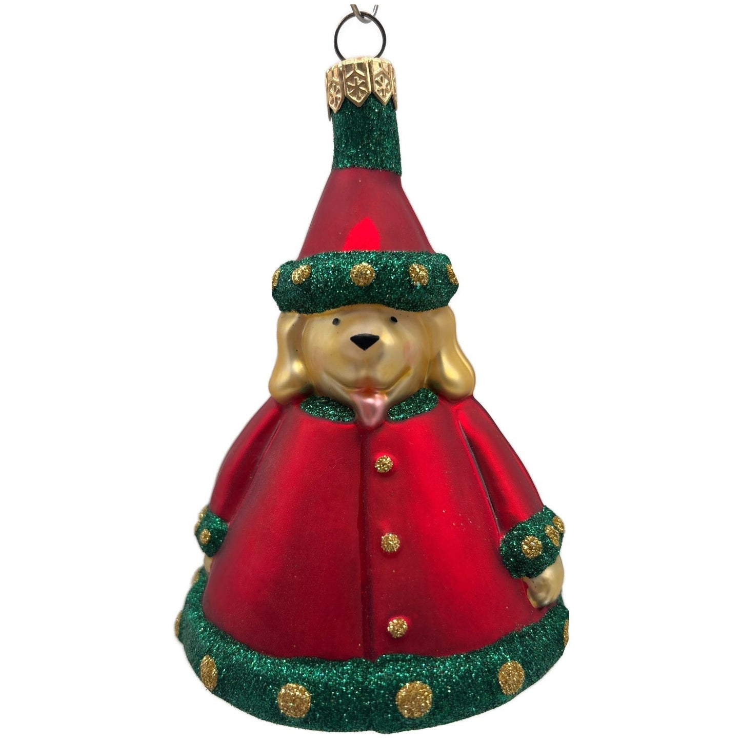 Patricia Breen Santas Helper Dog Red Dotted Gold Glass Christmas Ornament 9886