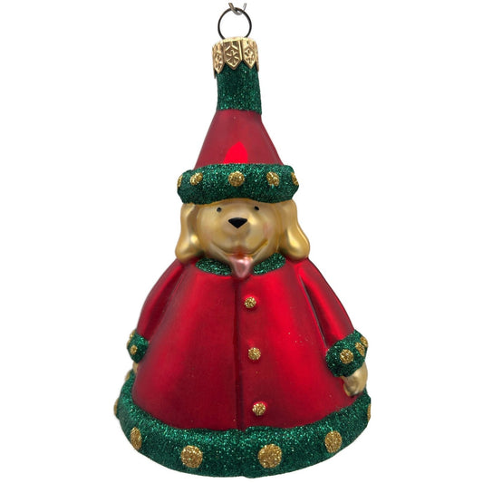Patricia Breen Santas Helper Dog Red Dotted Gold Glass Christmas Ornament 9886