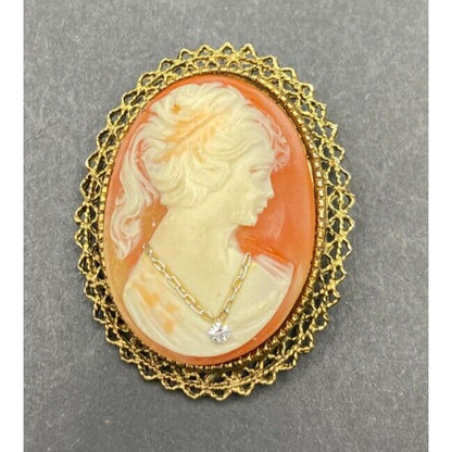 Vintage Cameo Brooch Lady Necklace Mid Century Oval Gold Tone Metal Filigree