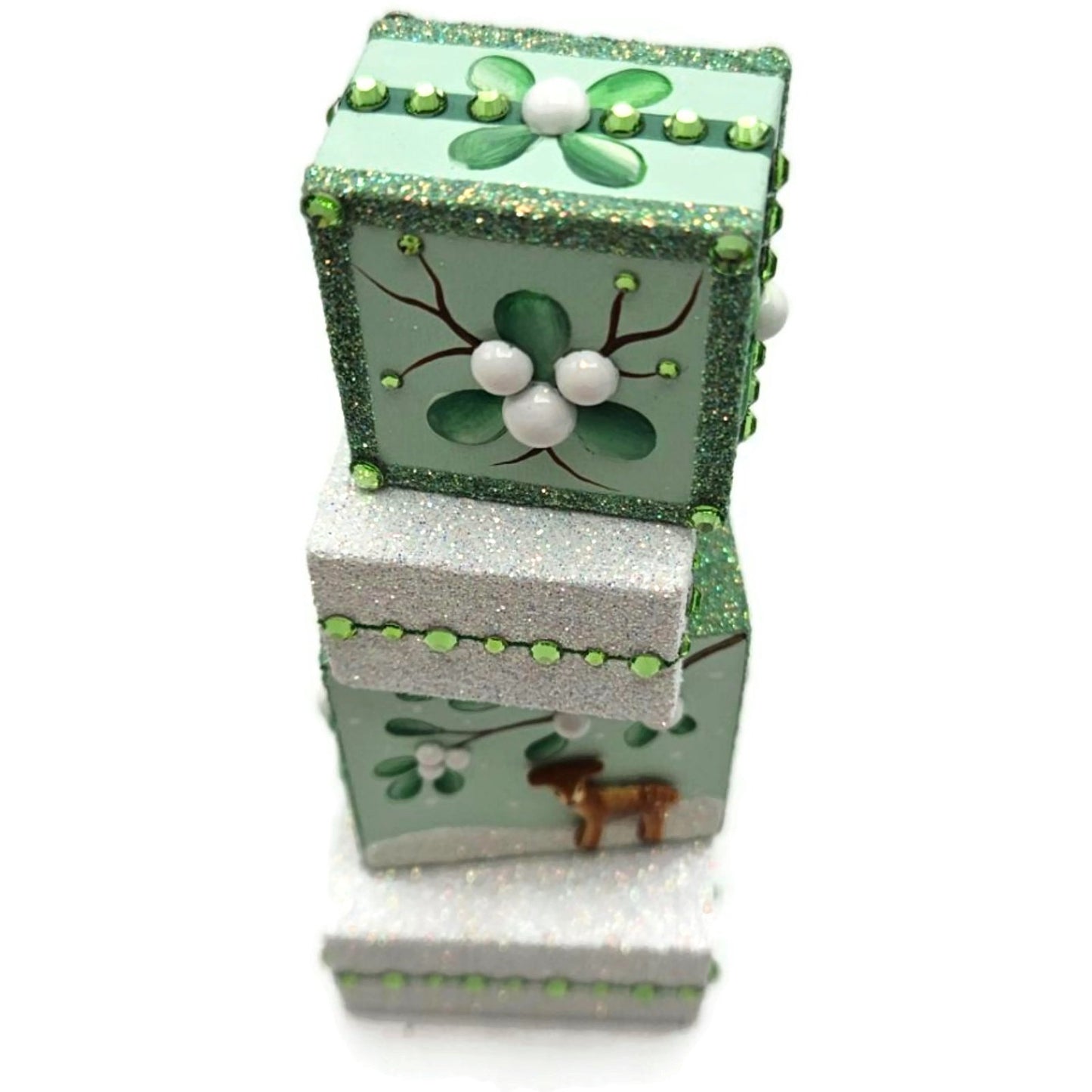 Patricia Breen Presenting Mistletoe Reindeer Green Christmas Ornament Blocks HCB