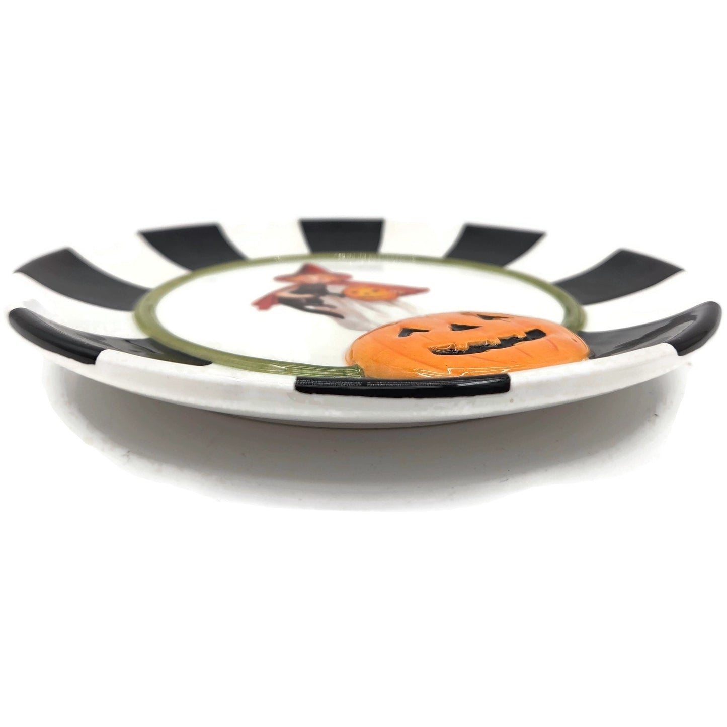 Department 56 Plate Halloween Witch Black Cat Jack O Lantern Plate White Striped