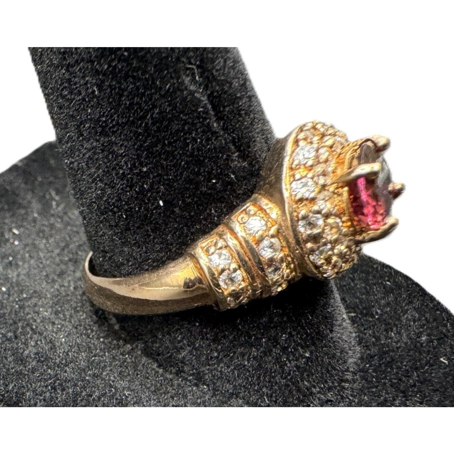 925 Sterling Silver Gold Plated Ring Red Tourmaline Gemstone Rhinestones Size 8