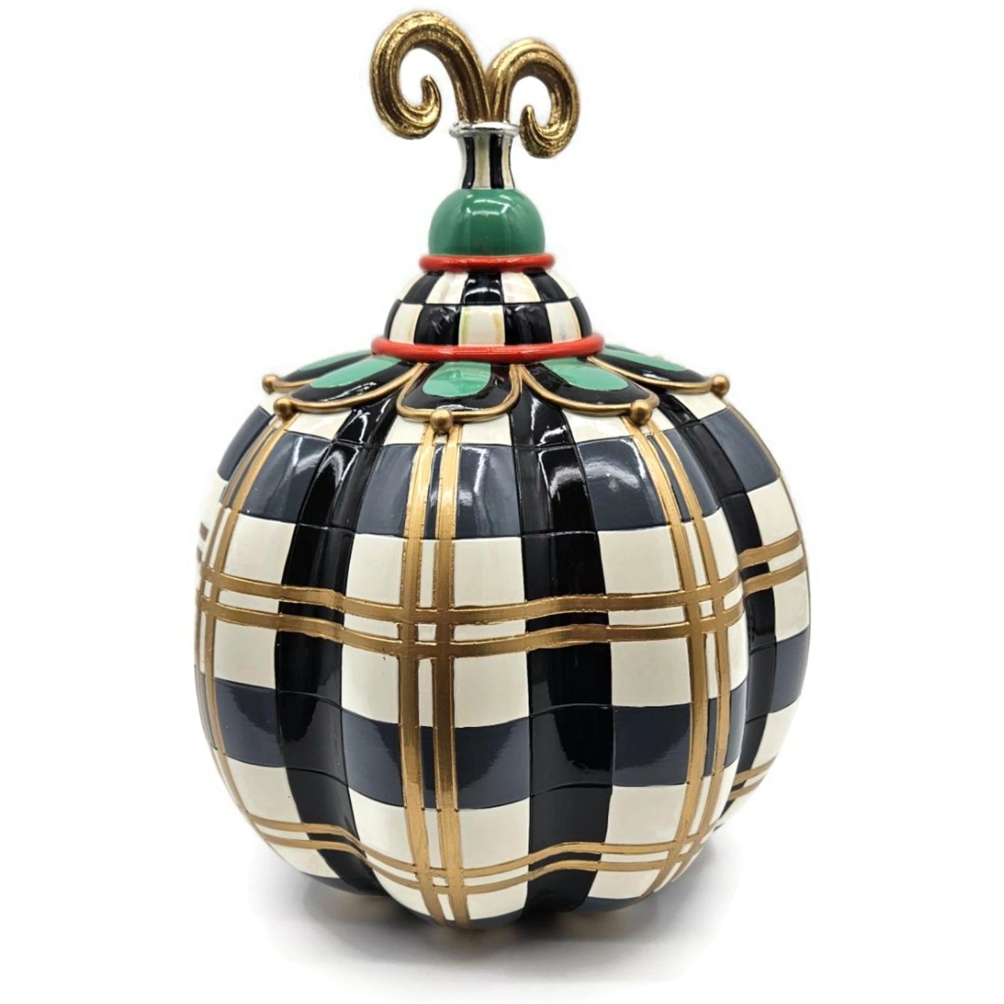 MacKenzie Childs Courtly Check Pumpkin Gold Trim Plaid Finial Black Halloween