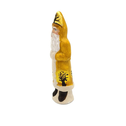Father Christmas Trees Yellow Coat Chalkware Folk Art Holiday Figurine