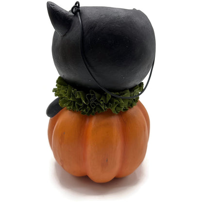 Bethany Lowe Halloween Vintage Style Black Cat in Pumpkin Bucket Paper Pulp New