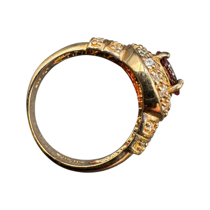 925 Sterling Silver Gold Plated Ring Red Tourmaline Gemstone Rhinestones Size 8