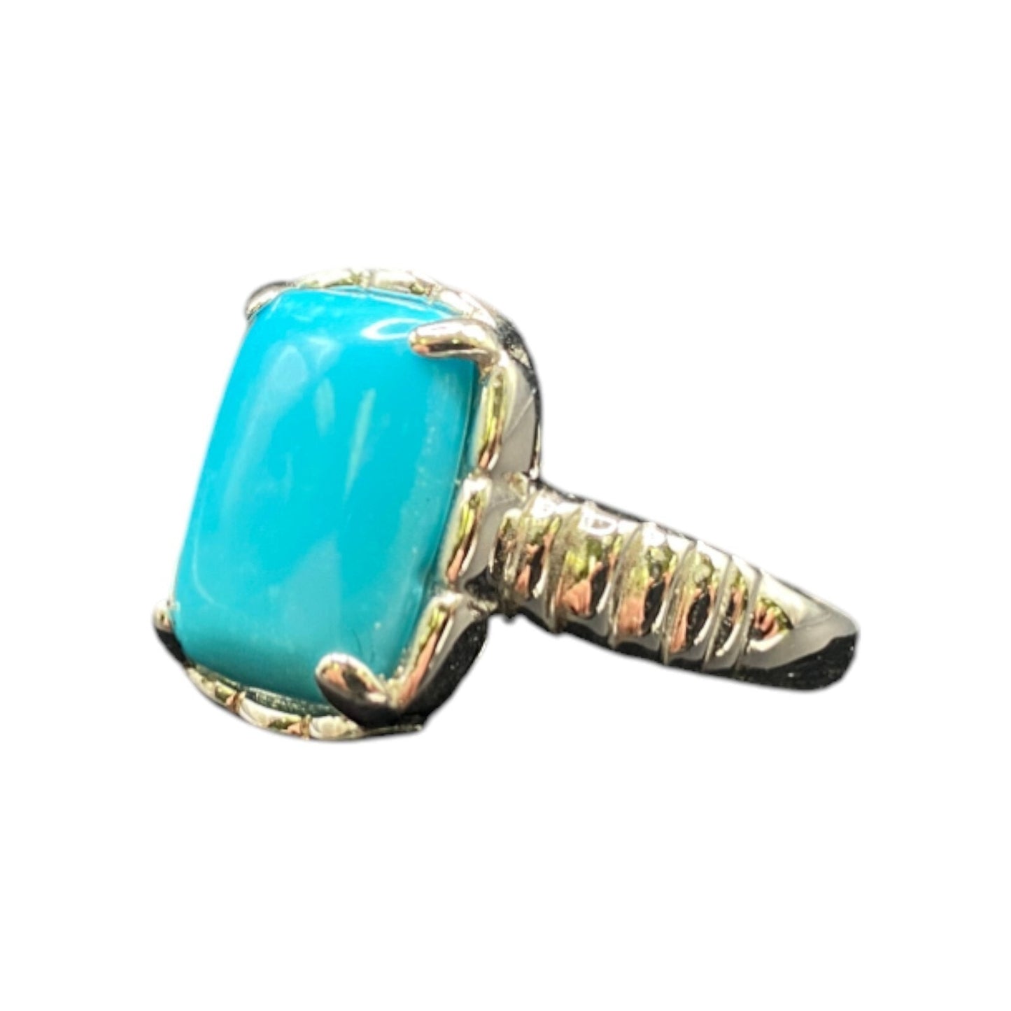 925 Sterling Silver Cocktail Ring Turquoise Gemstone Rectangle Prong Set Size 10
