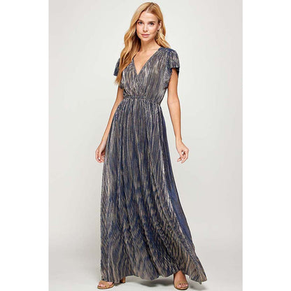Ladies Small Holiday Maxi Dress Navy Blue Gold Shimmer V-Neck 62 inch