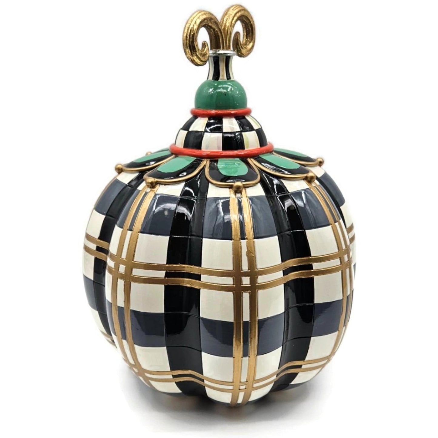 MacKenzie Childs Courtly Check Pumpkin Gold Trim Plaid Finial Black Halloween