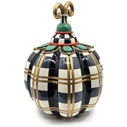 MacKenzie Childs Courtly Check Pumpkin Gold Trim Plaid Finial Black Halloween