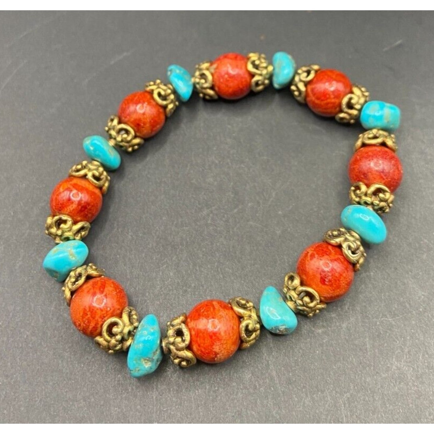 3 Pc Set Sponge Coral Turquoise Beaded Necklace Bracelets Gold Tone Metal