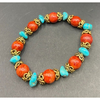 3 Pc Set Sponge Coral Turquoise Beaded Necklace Bracelets Gold Tone Metal