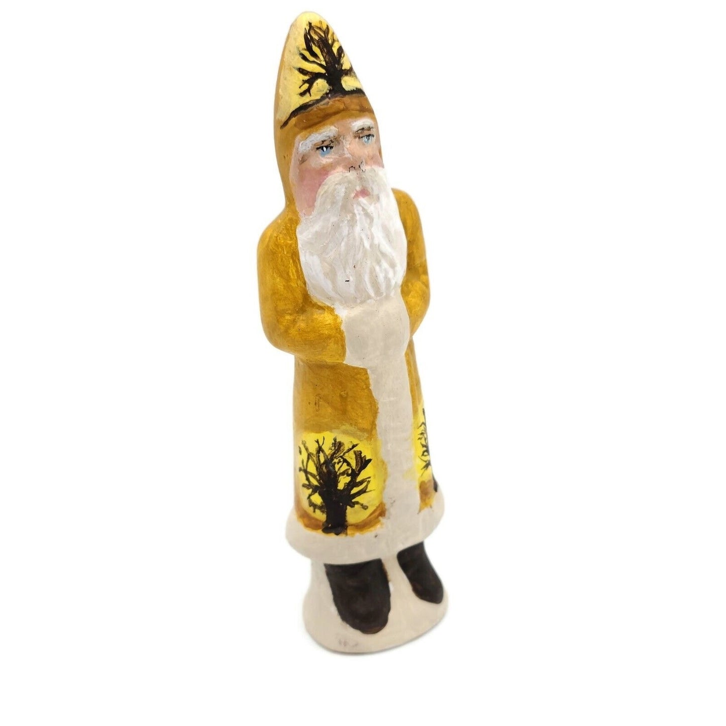 Father Christmas Trees Yellow Coat Chalkware Folk Art Holiday Figurine
