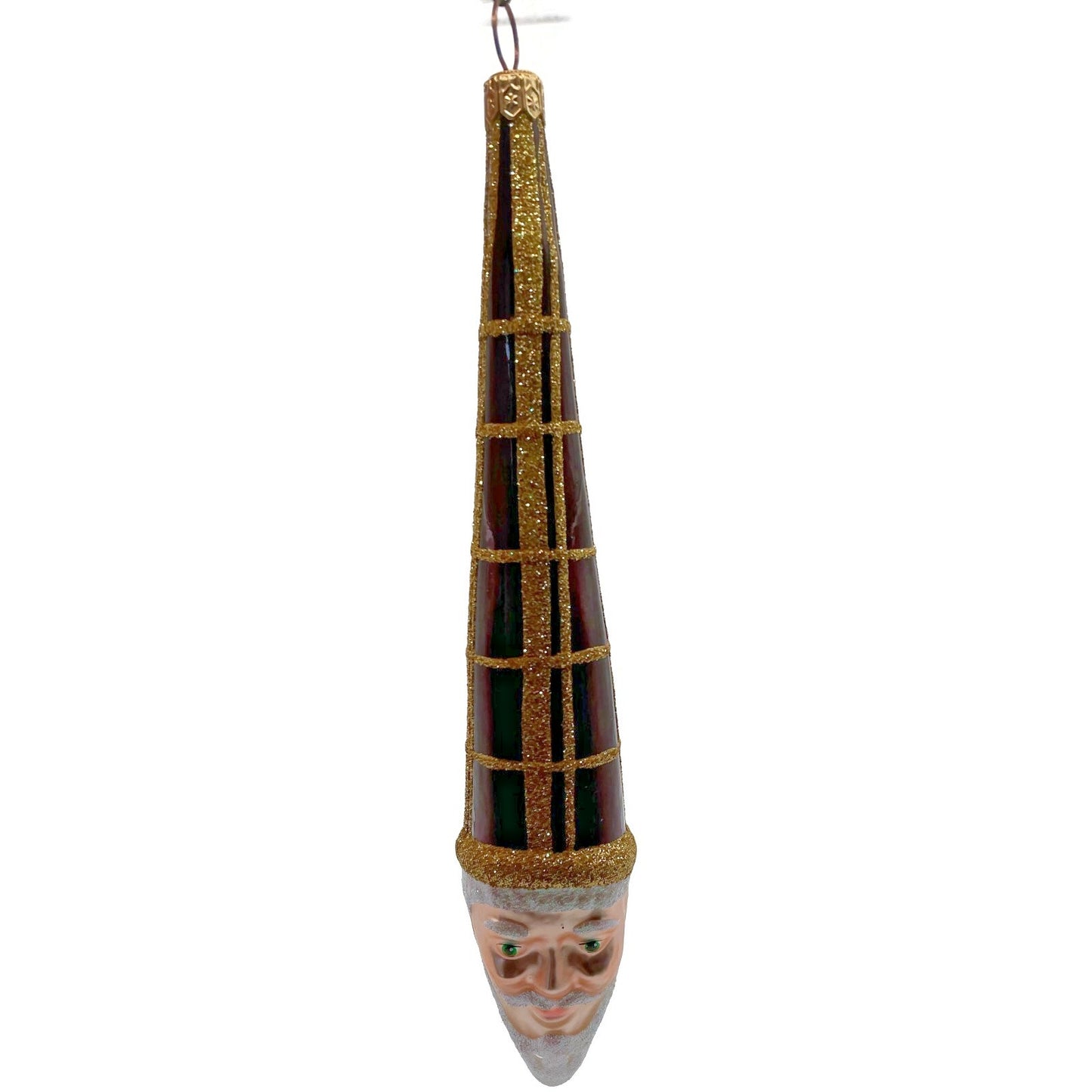 Patricia Breen Winter Wizard Bordeaux Plaid Gold Santa Head Christmas Ornament