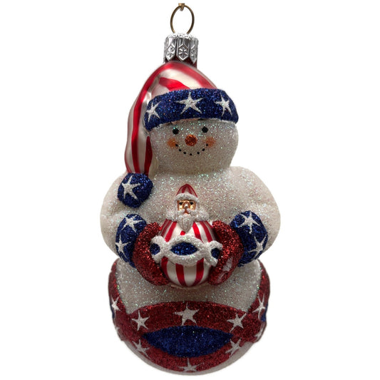 Patricia Breen Faberge Snowman Patriotic Striped Hat Stars Christmas Ornament NM