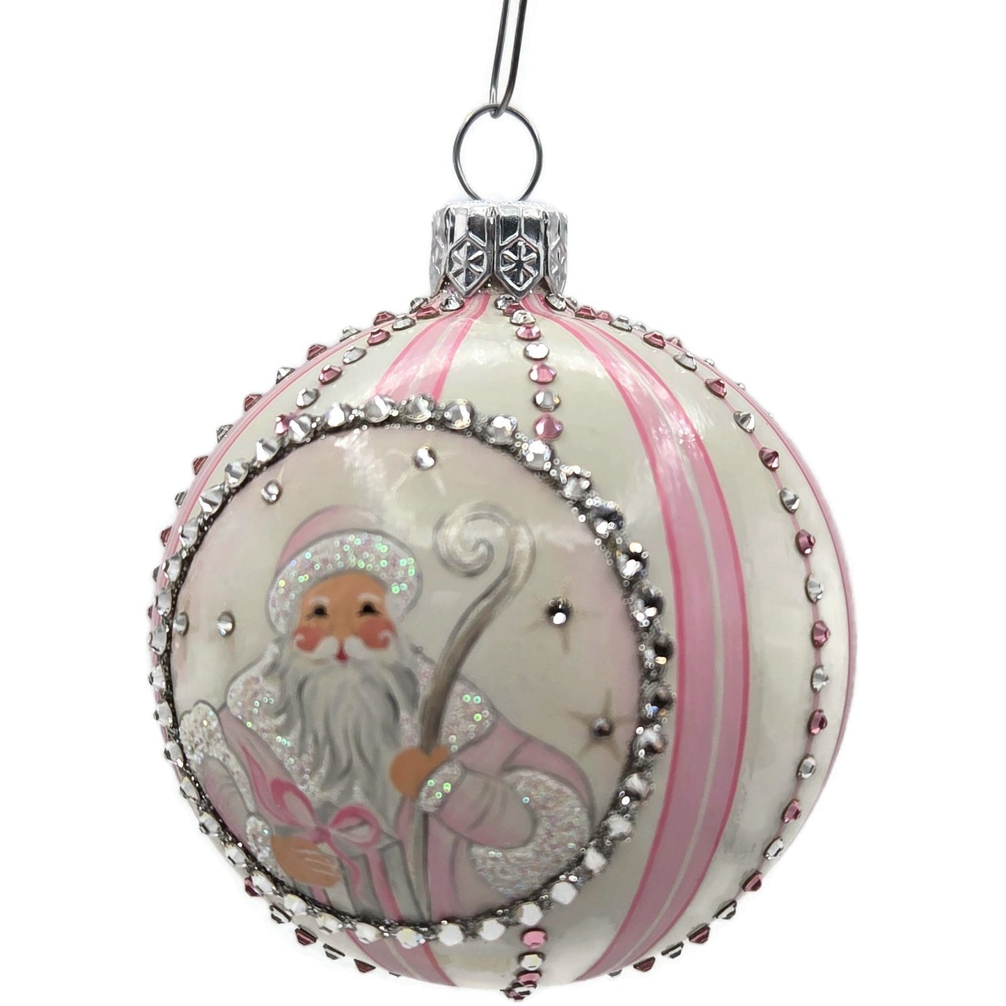 Patricia Breen Beguiling Orb Striped Pink Santa Claus Christmas Ornament CATZ VR