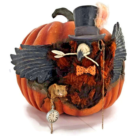 Bethany Lowe Cawing Pumpkin Halloween Raven Crow Top Hat Mouse Paper Mache Decor