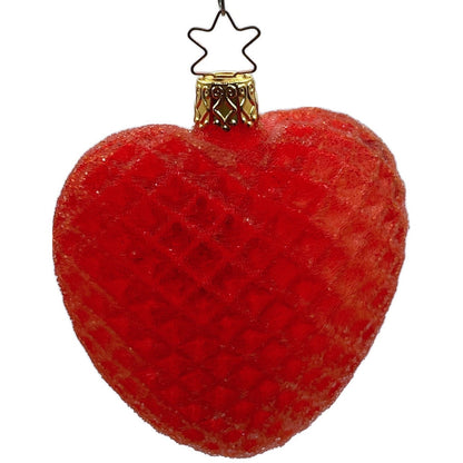 Inge Glass Ornament Red Glittered Waffle Heart Valentines Christmas Tree Decor