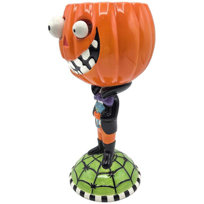 Department 56 Halloween Google Eye Pumpkin Head Goblet Ceramic Dish Spider Web
