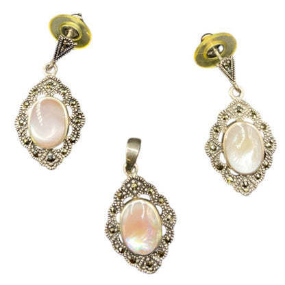 Mother Of Pearl Oval Pendant Earrings Set Marcasite Crystal 925 Sterling Silver