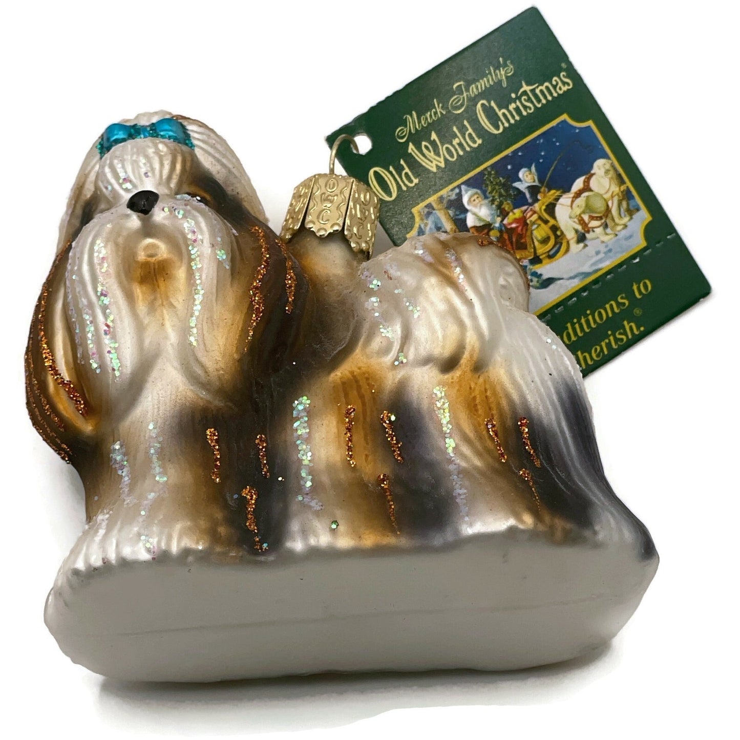 OWC Shih Tzu Dog Ornament Blue Bow Pet Glittered Old World Christmas Tree Decor