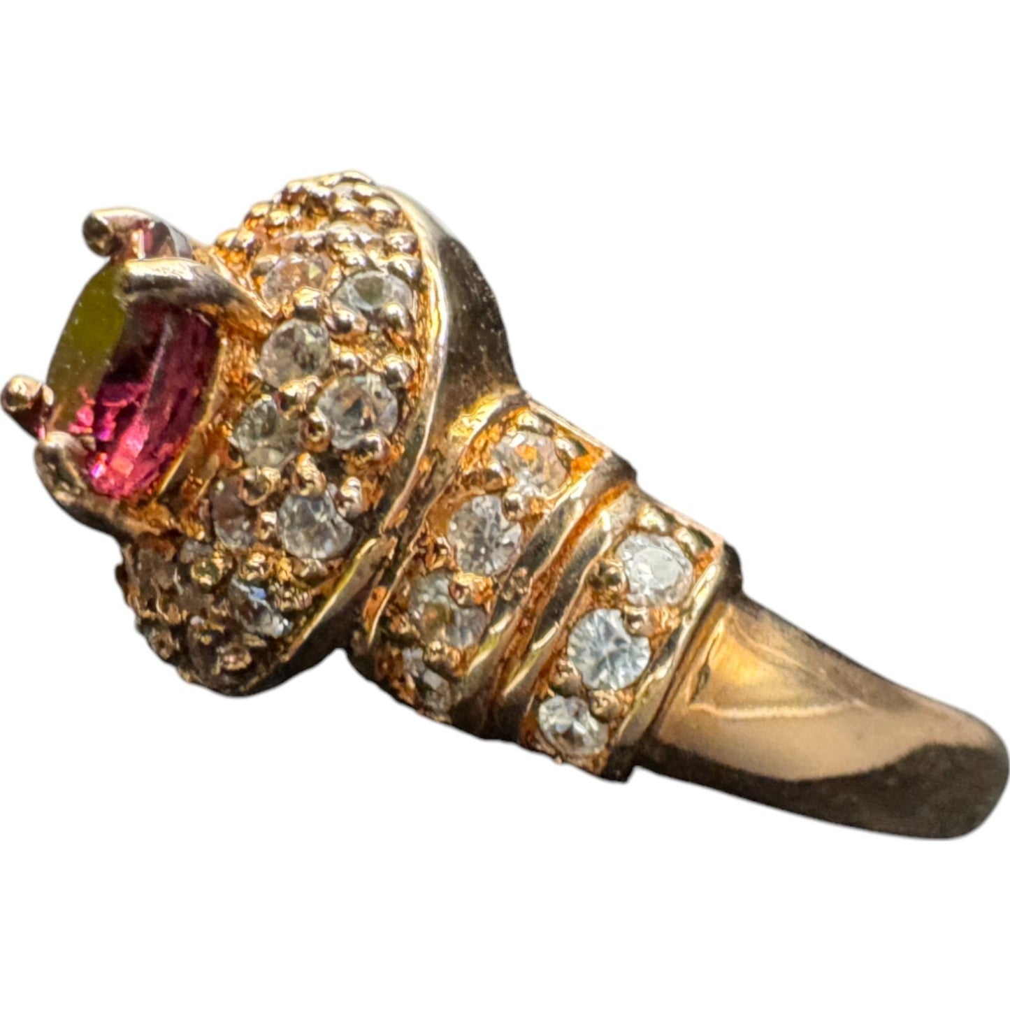 925 Sterling Silver Gold Plated Ring Red Tourmaline Gemstone Rhinestones Size 8