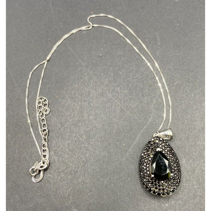 Black Onyx Teadrop Pendant Marcasite 925 Sterling Silver Box Chain Necklace GIE